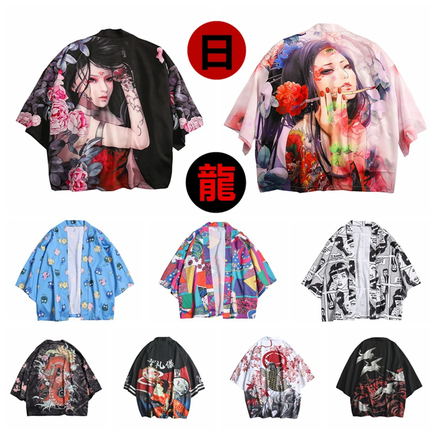 

12Color New Japanese Fashion Style Kimono for Adult Traditional Haori Clothing Print Chinese Dragon Thin Samurai Men Women Robes