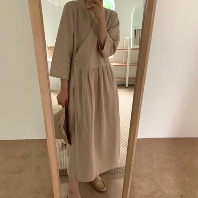 

New Arrival Autumn Arts Style Button Cross V-neck Long Dress Solid Cotton Linen Vintage Dresses Female Vestidos Top quality S95