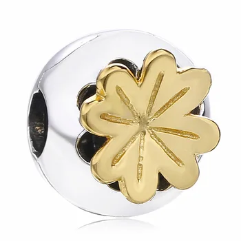 

New 925 Sterling Silver Bead Charm Gold Color Shining Clover Stopper Clip Beads Fit Pandora Bracelet Bangle Diy Jewelry
