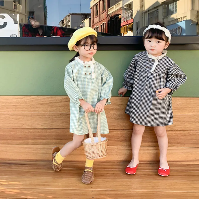 Весна, Новое поступление, модное платье в клетку для девочек, детские хлопковые платья с длинными рукавами, платья для девочек