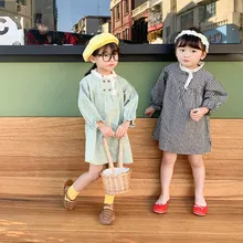 Весна, Новое поступление, модное платье в клетку для девочек, детские хлопковые платья с длинными рукавами, платья для девочек