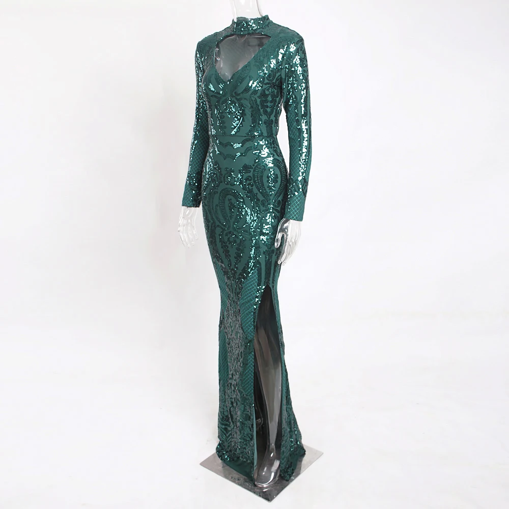 Милое вечернее длинное платье зеленое с блестками открытое с длинными рукавами осеннее эластичное Макси платье