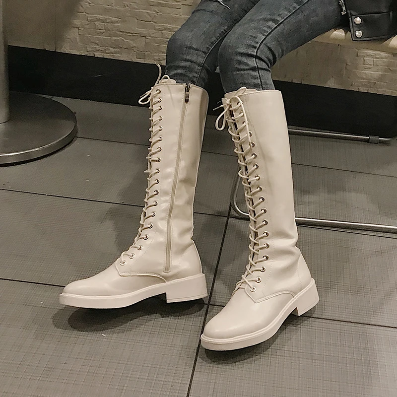 

Brand Women's Shoes Lace Up Lady Boots Round Toe Low Heels booties Bootee Woman 2019 Fashion Rock Ladies Rubber Autumn Lace Up