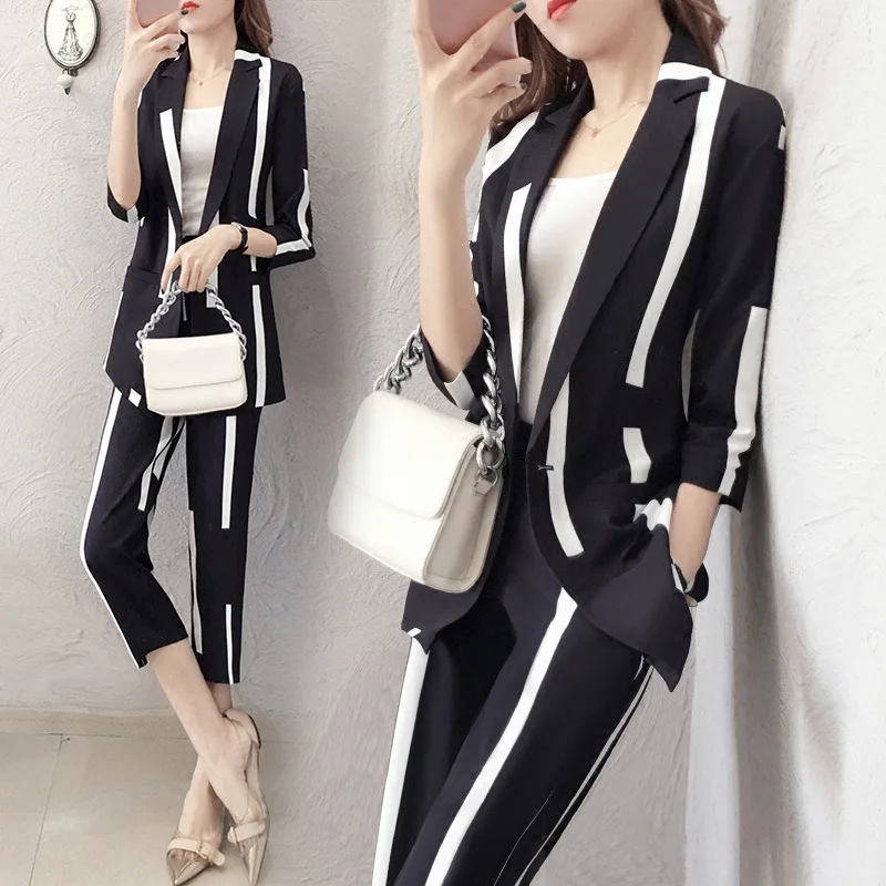 

2018 Summer New Style Western Style Slim Fit Striped Suit WOMEN'S Suit Elegant Fashion Capri Pants Debutante Two-Piece Set Sprin