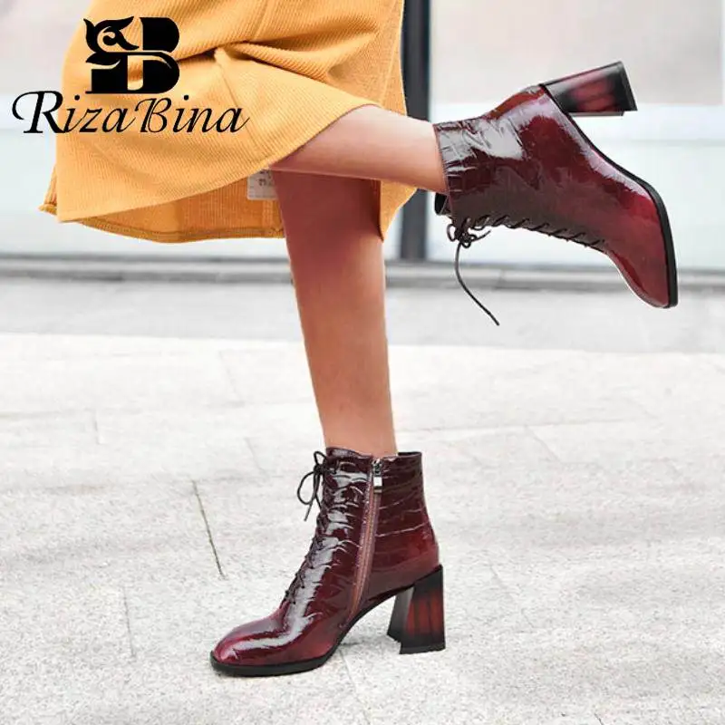 

RIZABINA Cow Patent Leather Women Ankle Boots Square Toe Zipper High Heels Shoes Cross Strap Office Ladies Footwear Size 34-39