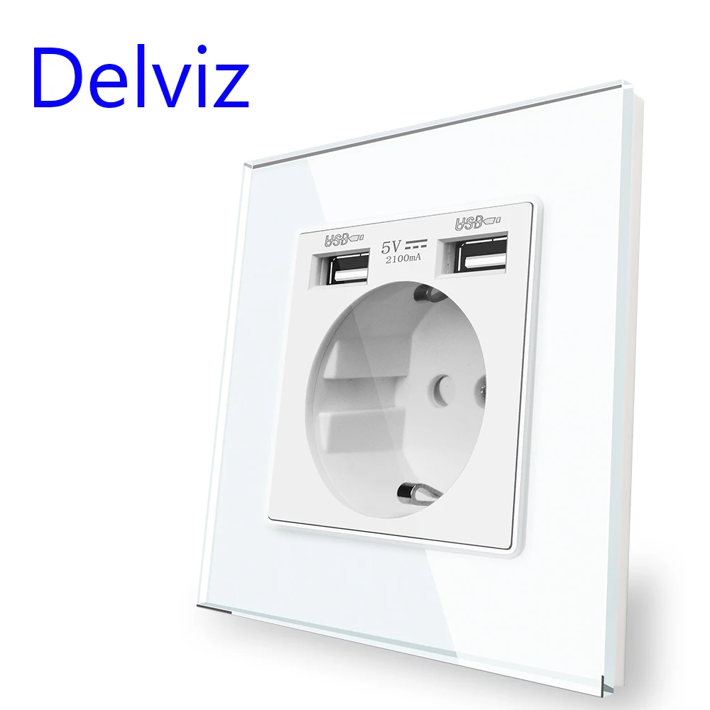 Delviz EU Standard USB Socket, 5V Double usb Household security charging interface,Tempered Crystal Panel, 16A Wall Power Outlet