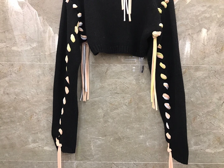 Autumn and winter new women's round neck drawstring knitting sleeve and short long sleeve sweater 1025