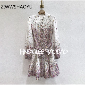 

ZIWWSHAOYU Autumn Women Ditsy Floral Print Vintage Linen Mini Dresses Runway Designer Ladies Stand Collar Bow Belt Shirt Dress
