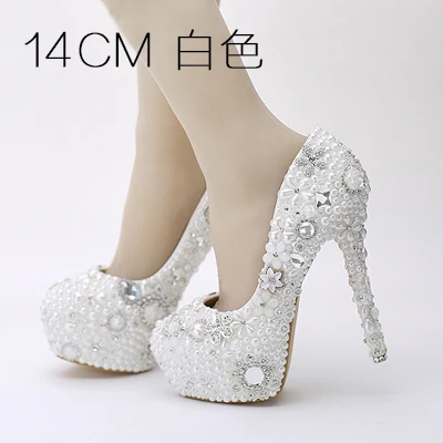 14cm heel Свадебная обувь белого цвета с жемчужинами и цветами; Водонепроницаемая Свадебная обувь на очень высоком каблуке на платформе; тонкие туфли для взрослых; женская обувь - Цвет: 14cm heel