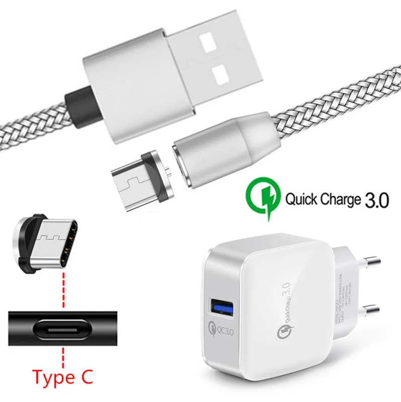 EU charger and cable Магнитный зарядный кабель типа C для samsung Galaxy A30 A50 A70 S8 S10 Nokia 7,1 6,1 Plus Honor 9X20 QC 3,0 USB быстрое зарядное устройство - Тип штекера: EU charger and cable