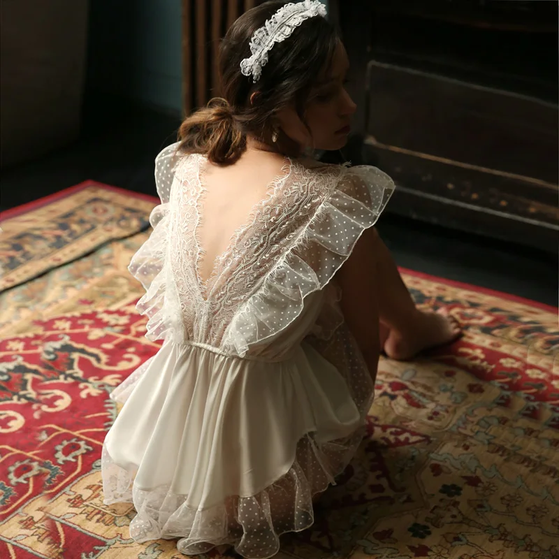 New 2020 white young girl summer thin lace stitching perspective deep V backless temptation ice silk nightdress nightgown set