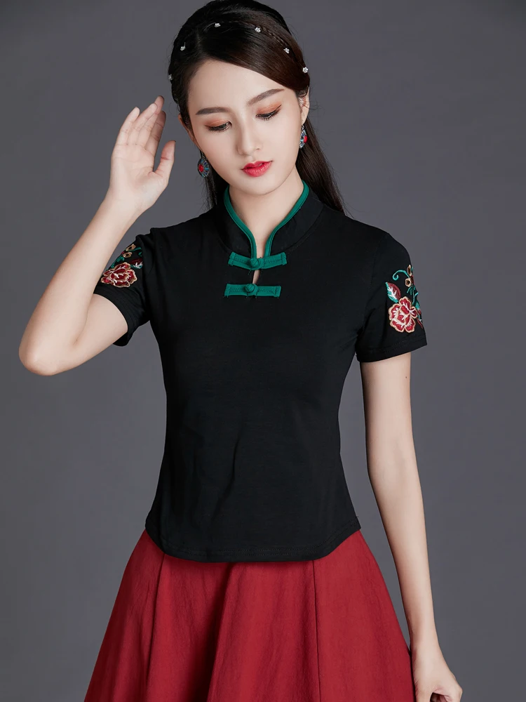 KYQIAO blusas mujer de moda традиционная китайская рубашка женская винтажная Этническая воротник-стойка красная черная блузка с вышивкой