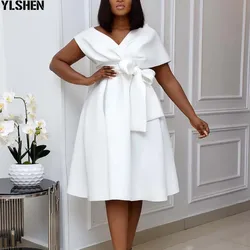 African Women Party Dress V Neck Waist Belt Bowtie Pleated A Line Christmas Event Celebrate Fashion African Dresses for Women