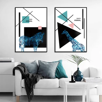 

Graffe animal Square Triangle Blue Green Decorative Painting Living Room Decoration Home Canvas Poster Painting Wall Art