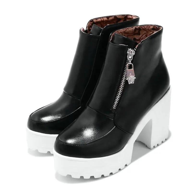

2019 black and white round ankle boots women's high-heeled boots women's zipper autumn and winter boots women's boots