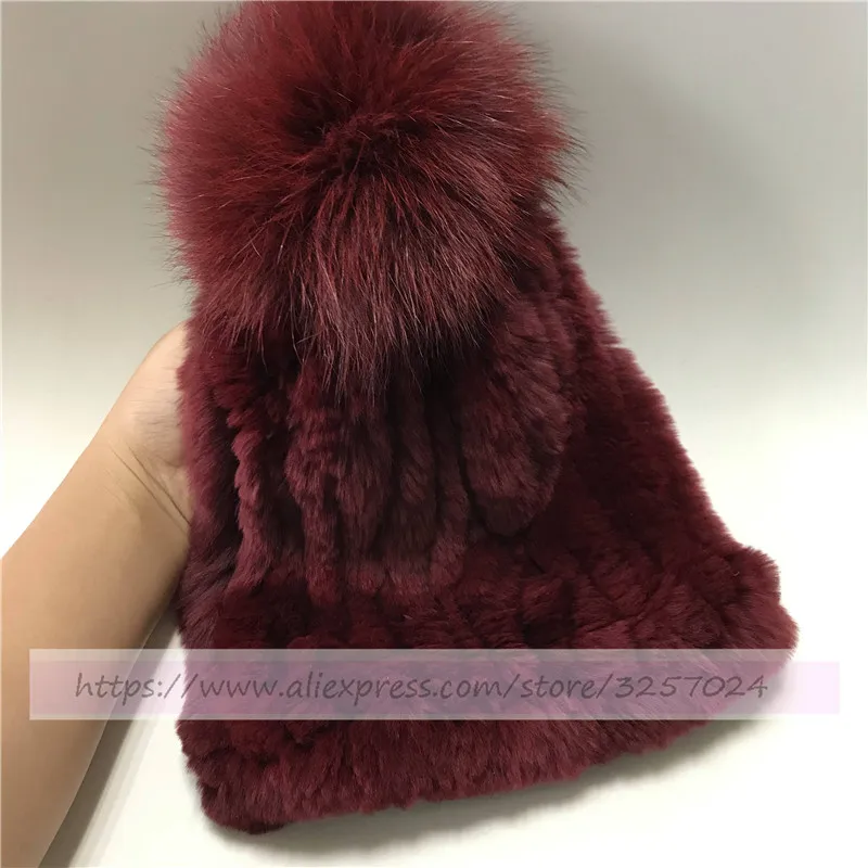 Меховая шапка Magicfur, настоящий мех кролика, бордовый цвет, вязаная шапка W, мягкий мех лисы, помпон, теплая зимняя вязаная шапка для любви