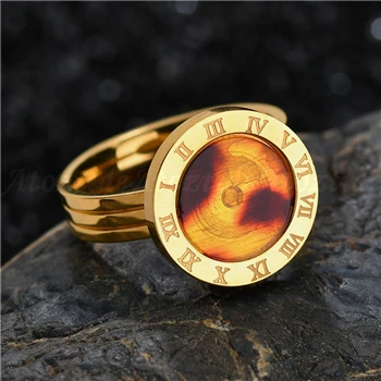 gold coffee Женские кольца с римскими цифрами, модный бренд, нержавеющая сталь, розовое золото, круглые кольца на пальцы, женский свадебный подарок - Цвет основного камня: gold coffee
