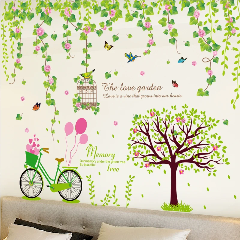 [SHIJUEHEZI] цветочные настенные наклейки с виноградной лозой, ПВХ, сделай сам, велосипедное дерево, настенные наклейки для гостиной, спальни, детской комнаты, украшение для дома, виньетка - Цвет: Bike and Tree Vine
