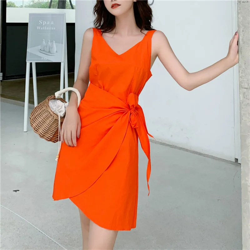 

Women Vintage Dresses Elegant High-waisted Bandage Clothes Waist Irregular Sleeveless Vest Dress Sexy Beach Holiday Vestidos
