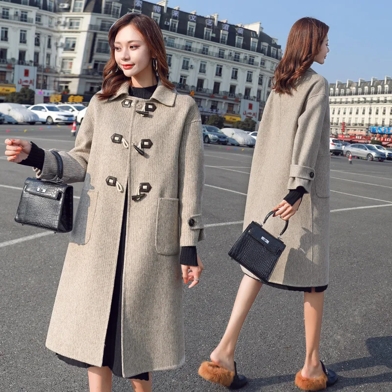 

2019 Autumn And Winter New Style Mid-length Herringbone Woolen Jacket Women's Loose-Fit Slimming Hepburn Wind Toggle Duffle Coat