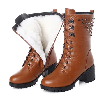 

2019 New Women's High Heels boots wool Shoes woman Round head Solid Color Lace up fashion Women's Winter boots Size 35-43