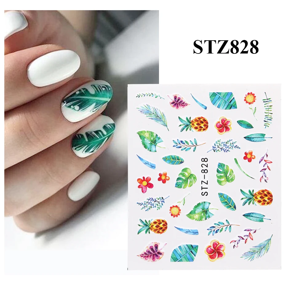 Nail Stickers 1pc Black Green Flower Leaf Water Nail Stickers Decals Mixed Floral Watermarks Manicure Sliders Nail Art Decoration NFSTZ808-844