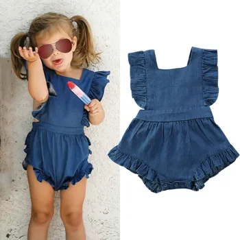 

0-24M Toddler Kids Baby Girls Ruffle Bodysuits Clothes Ruffles Short Sleeve Denim Blue Jumpsuit Summer Outfits