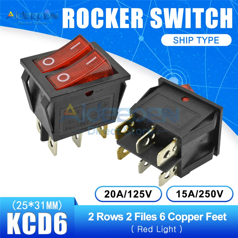 Red Light 2-6P KCD6 AC 20A/125V 15A/250V двойной светильник кулисный переключатель 25x31mm ВКЛ-ВЫКЛ 2/3 положения 4/6 штифтов переключатель для лодки - Цвет: Red Light 2-6P