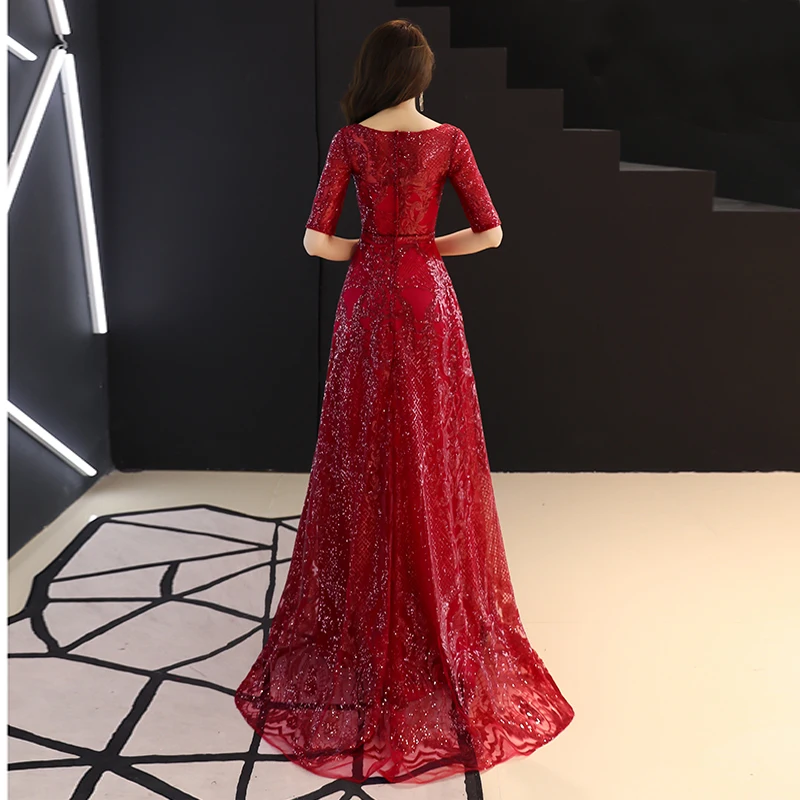 Роскошное расшитое блестками красное вино длинное вечернее платье с рукавами размера плюс А-силуэт длина до пола формальное вечернее платье со шлейфом