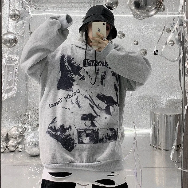 Focal20 Streetwear Graffiti Women Hooded Sweatshirt Loose Casual Female Hoodies Pullovers Spring Autumn Lady Hooded Sweatshirts