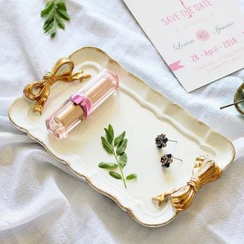 

European Style Bow Cake Storage Trays Makeup Organizer Dessert Plate Square Decor Tray Kitchen Storage Trays 12x20Cm White