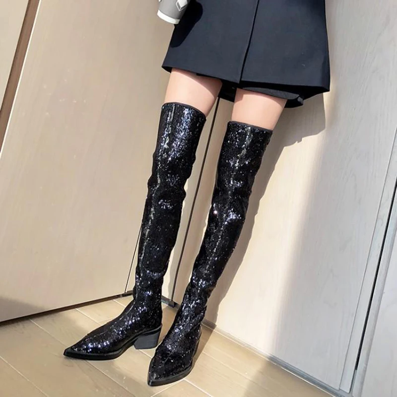 

2020 spring boots women stretch sequined platform boots Pointed flat fashion women's shoes over the knee boots fashion shoes