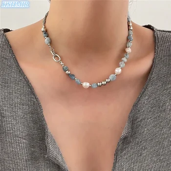 Natural stone blue crystal necklace baroque natural freshwater pearl