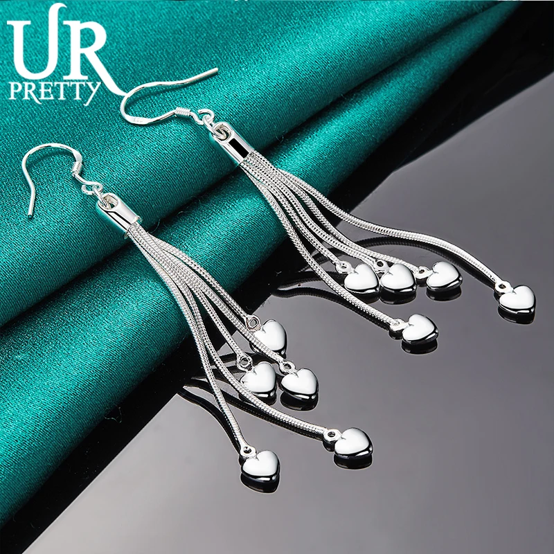 URPRETTY 925 Sterling Silver Five Love Snake Chain Drop Earring For Women Wedding Engagement Party Jewelry Christmas Gift