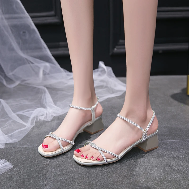 

Shiny Crystal Cross Band High Heel Sandals Women Party Dress High Heels Slip-on Sandals Women Summer Open Toe Thick Heels 2020