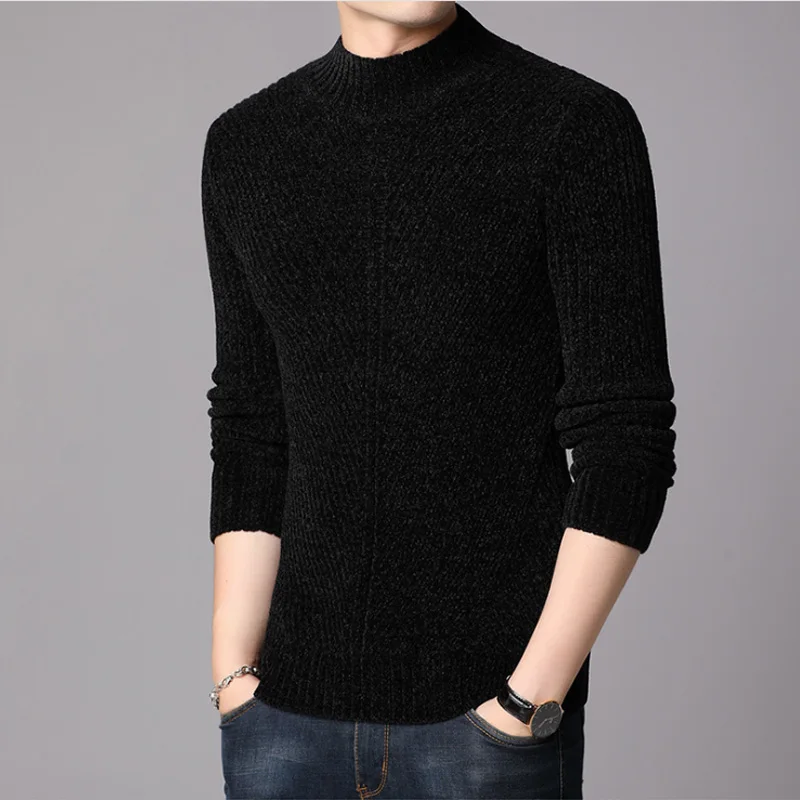 Autumn Winter Men's Half Turtleneck Sweater Korean Version Personality Chenille Sweater Pullover Sweater Men's Casual Wear - Цвет: Черный