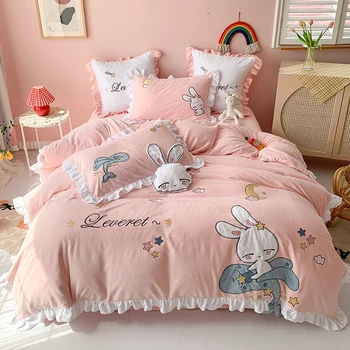

Cartoon Rabbit Bear Applique Embroidery Flannel Fleece Velvet Girl Child Bedding set Double Duvet Cover Set Bed Sheet Pillowcase