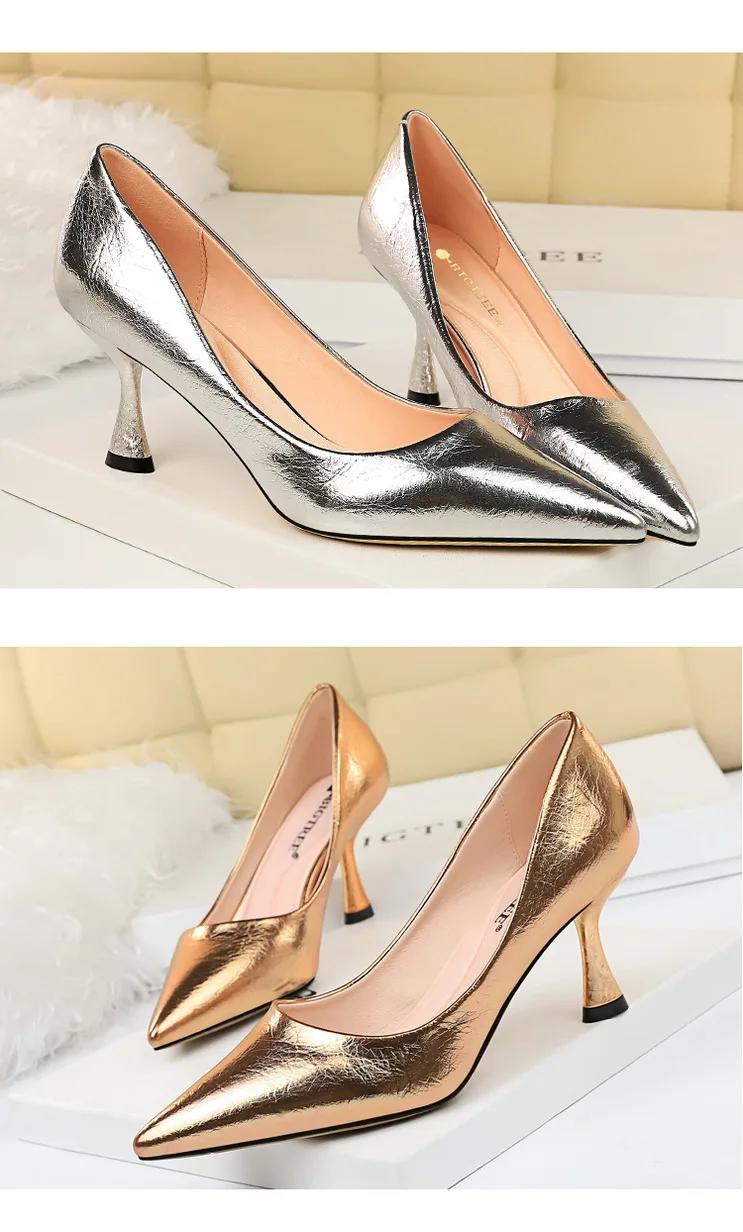 New Women Pumps High Thin Heel Metal Pointed Toe Shallow Sexy Ladies Bridal Wedding Women Shoes Gold High Heel Female Pumps