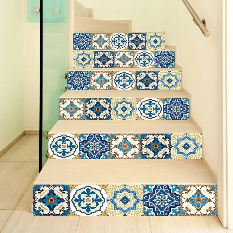 

6pcs 3D Colorful Mandala Pattern Staircase Stair Riser Floor Sticker Self Adhesive DIY Stairway Waterproof PVC Wall Decal