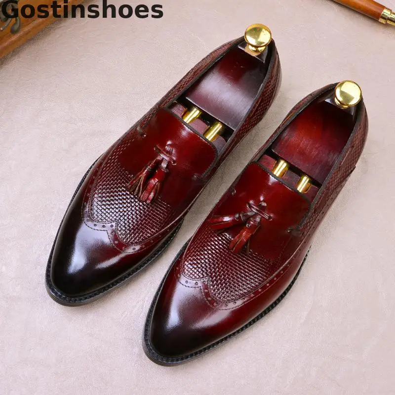 

Mens Shoes Genuine Leather Black Brown Slip-on Pointed Toe Wing Tip Tassel Decorated Men Leather Shoes Dress Formal Shoes Men