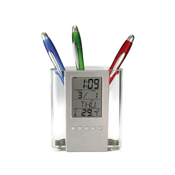 

Multi-function Pen Holder LCD Digital Alarm Clock Desk Pencil Pen Holder Organizer Thermometer Calendar