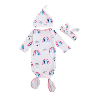 

newborn Baby Sleeping Bag Set Cute Rainbow Print Sleeping Bag+Hat+Headband 3pcs Cotton Hug Quilt