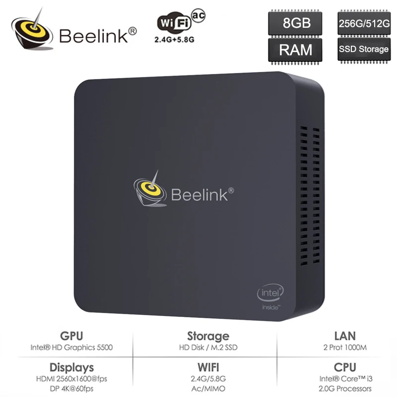 Beelink L55 Смарт Мини ПК Windows Intel Broadwell I3-5005U Intel HD graphics 5500 8 грамм 512 г SSD 5,8 ггц WiFi 1000 МБ Настольный ПК