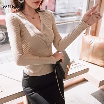 

Women Knitted Jumper Sweater And Pullovers Korean Fashion Style Criss-Cross V-Neck Sweaters 2019 Autumn And Winter New Tops