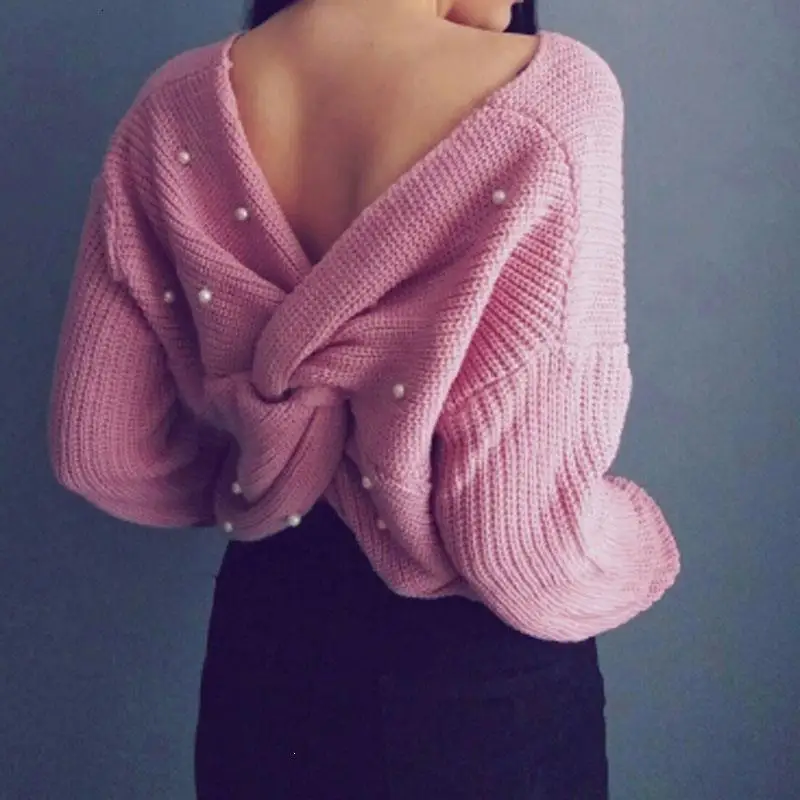 Осенне-зимние женские сексуальные свитера с v-образным вырезом, милые пуловеры с жемчугом и бусинами, Свитера с длинным рукавом, вязаные джемперы