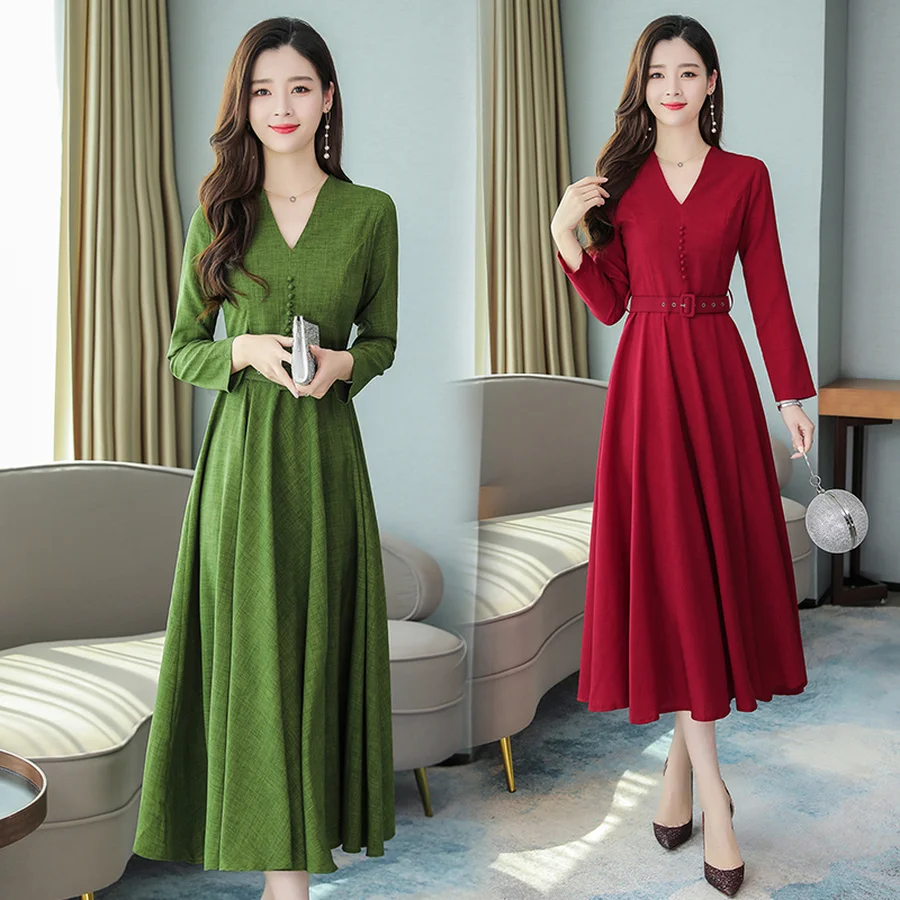 

2019 Vintage Solid Linen Midi Dresses Autumn Winter New 3XL Plus Size Long Sleeve Maxi Dress Elegant Women Bodycon Party Vestido