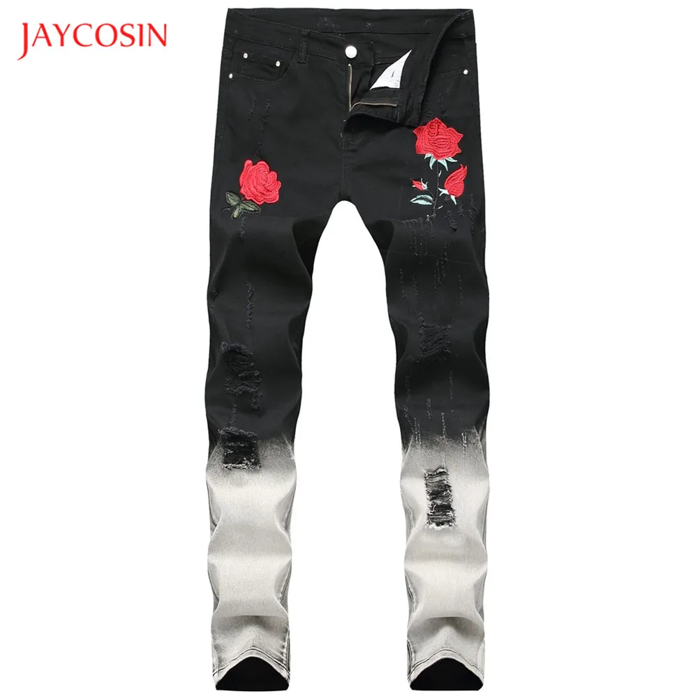 Jaycosin мужские Стрейчевые сплайсированные джинсы, повседневные Модные узкие джинсы-карандаш с вышивкой в виде роз, лоскутные рваные штаны со средней талией