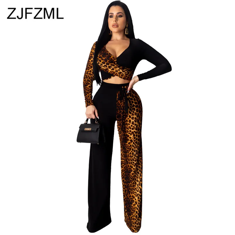 Женский леопардовый комплект из двух предметов короткий топ с длинным рукавом и