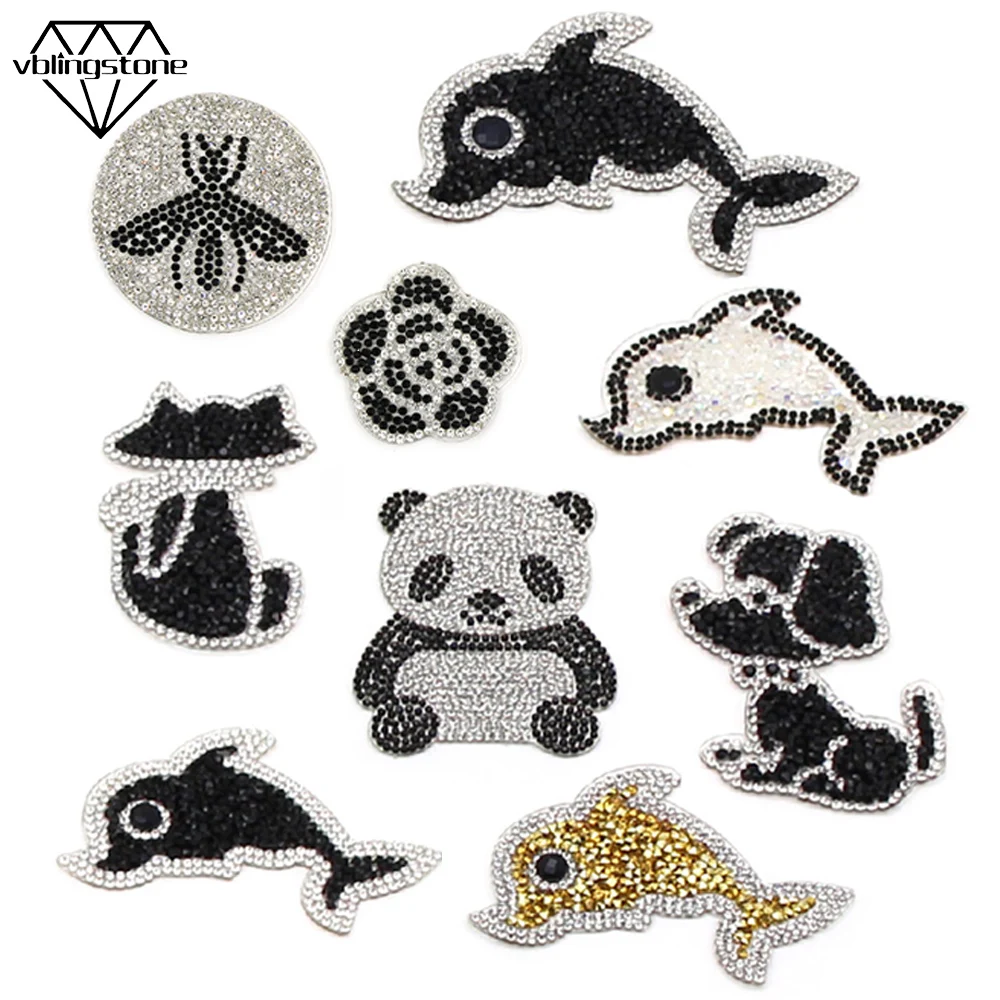 

Cute Animal Rhinestone Patches Cute Dolphin Cat Dog Panda Patch Cartoon Clothes Stickers Thermo Badge Patch DIY Iron On Transfer