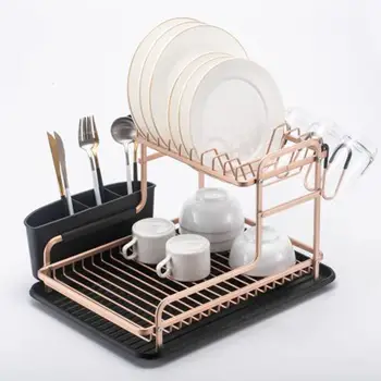 

Champagne golden/Black Kitchen put dish rack double-layer plate cup finishing drain rack basket hanging tableware storage rack